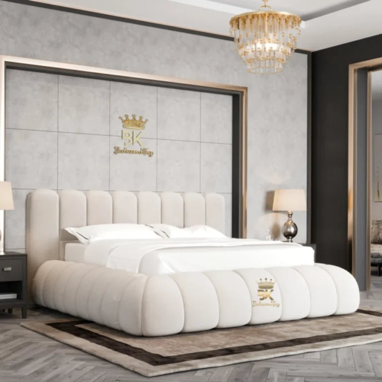 luxury Oregon teddy bouclé bed frame with plush cream fabric