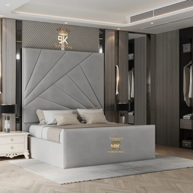 Sacramento California king upholstered bed frame with tall padded headboard