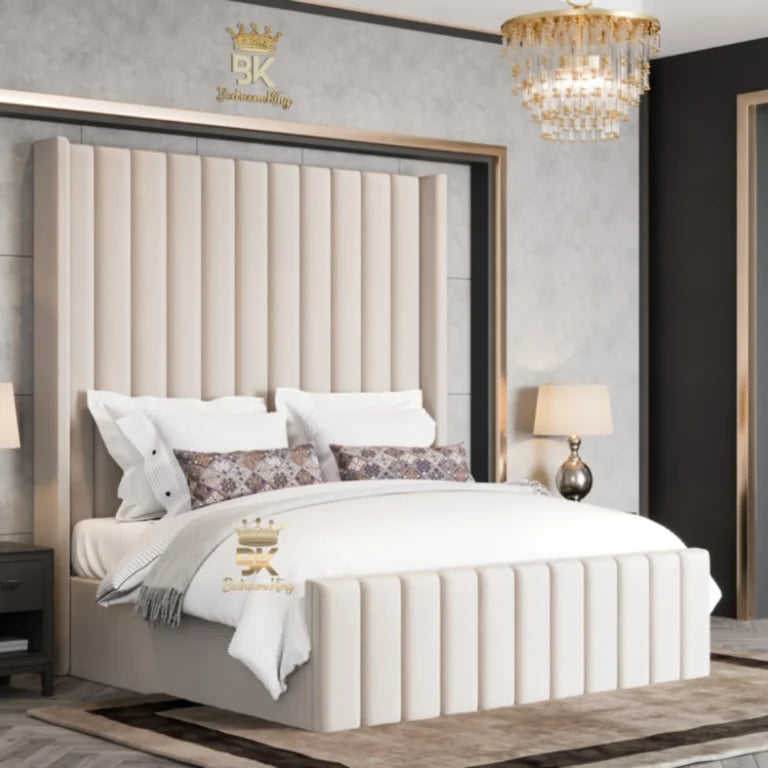 Tennessee upholstered wingback bed with tall padded headboard