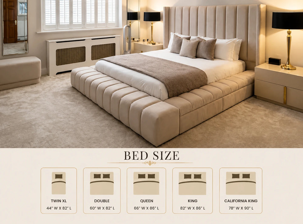 Beige upholstered bed in a bedroom with bed size chart below