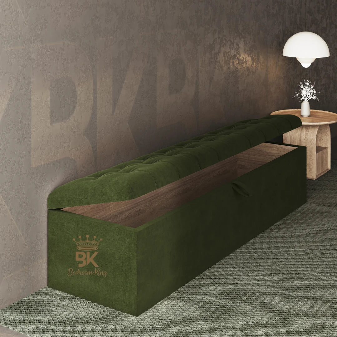 Green upholstered storage ottoman with 'Bedroom King' logo in a room setting.