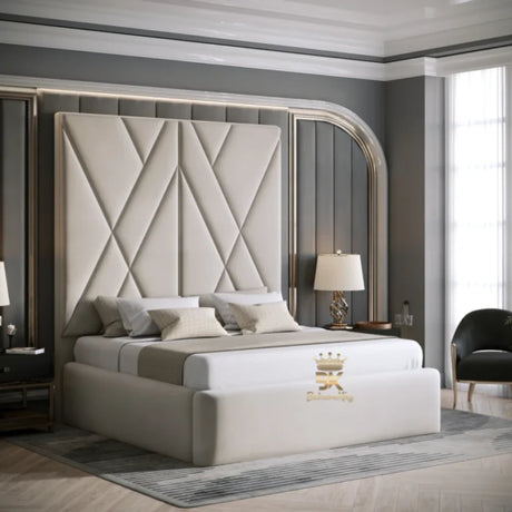 Maine fabric bed frame with tall cushioned headboard