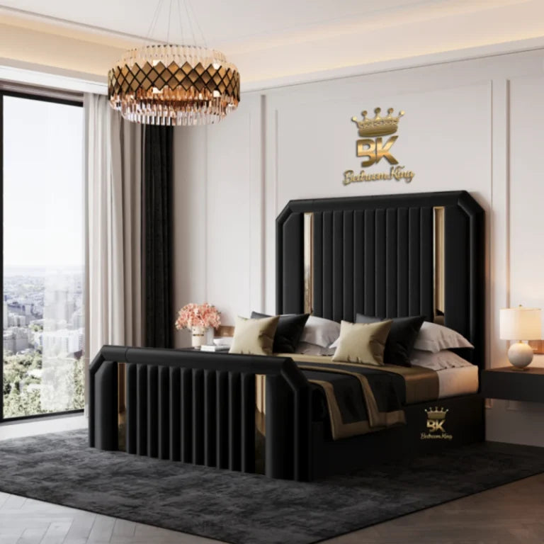Maryland mirror bed frame with gold trim and mirrored headboard