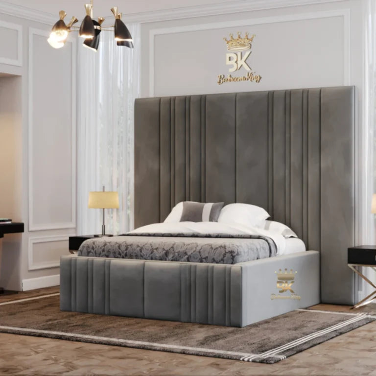 Massachusetts bed with large cushioned headboard and soft fabric