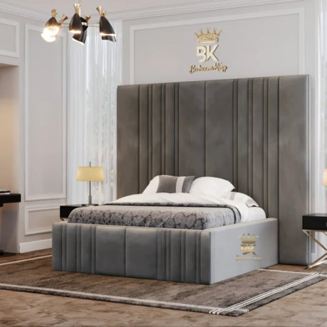 Massachusetts bed with large cushioned headboard and soft fabric