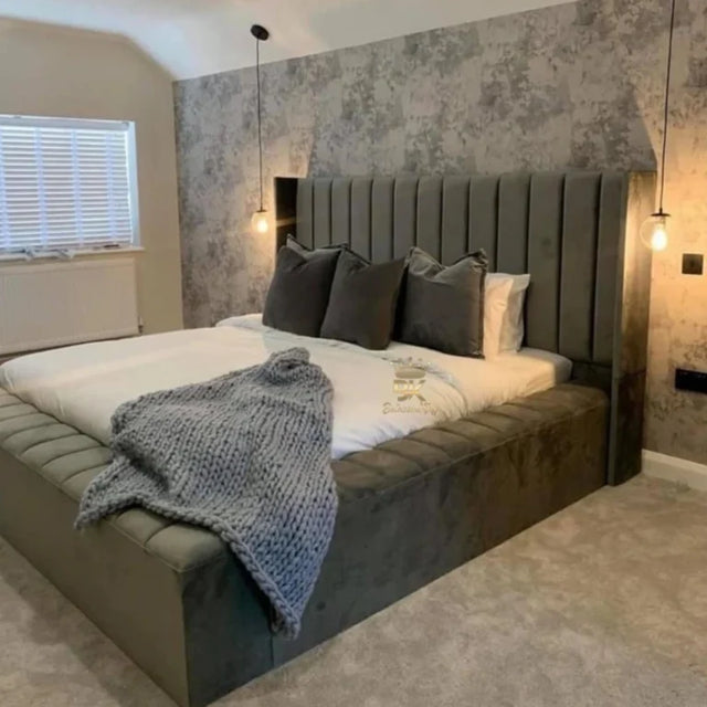 New Jersey wingback bed with low height and plush headboard