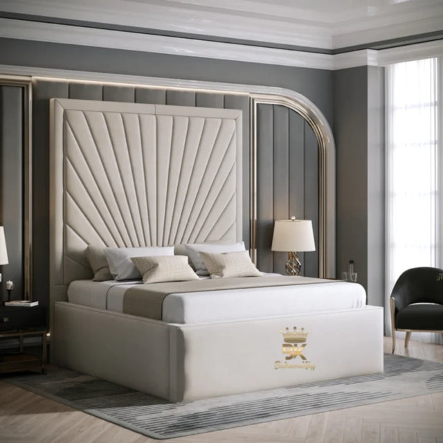 Elegant New York upholstered bed with tall side detailing