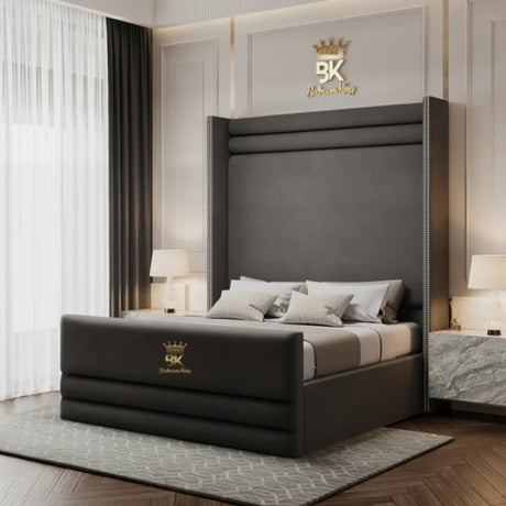 Oklahoma upholstered wingback bed with tall padded headboard