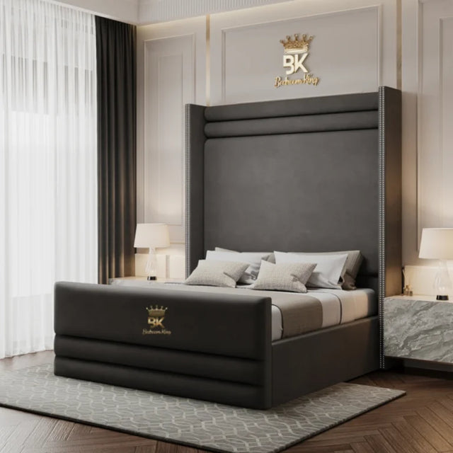 Oklahoma upholstered wingback bed with tall padded headboard