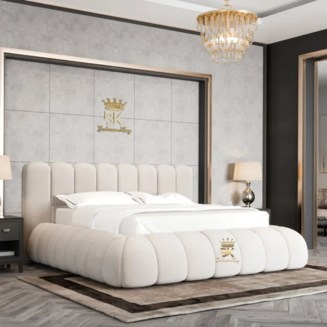 luxury Oregon teddy bouclé bed frame with plush cream fabric