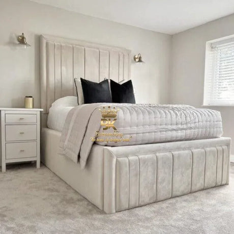 Petra bespoke designer bed frame with upholstered headboard in a modern bedroom