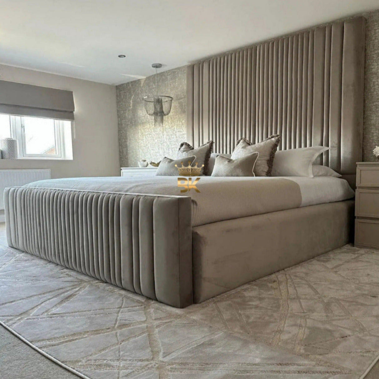 Tall headboard bed frame Ollie design with elegant panel detailing