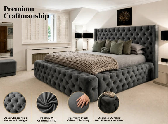 Gray tufted bed in a bedroom with premium craftsmanship features highlighted.