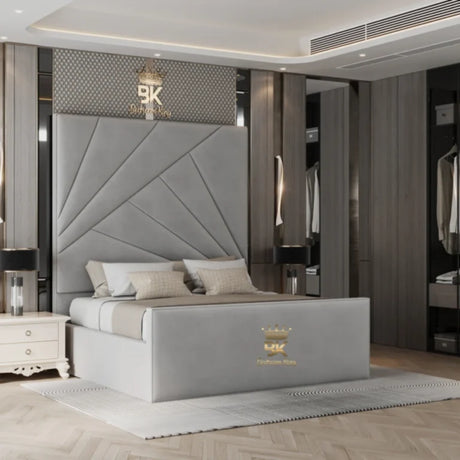 Sacramento California king upholstered bed frame with tall padded headboard