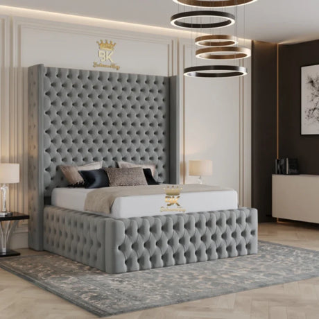 Utah fabric wingback bed frame with tall cushioned headboard