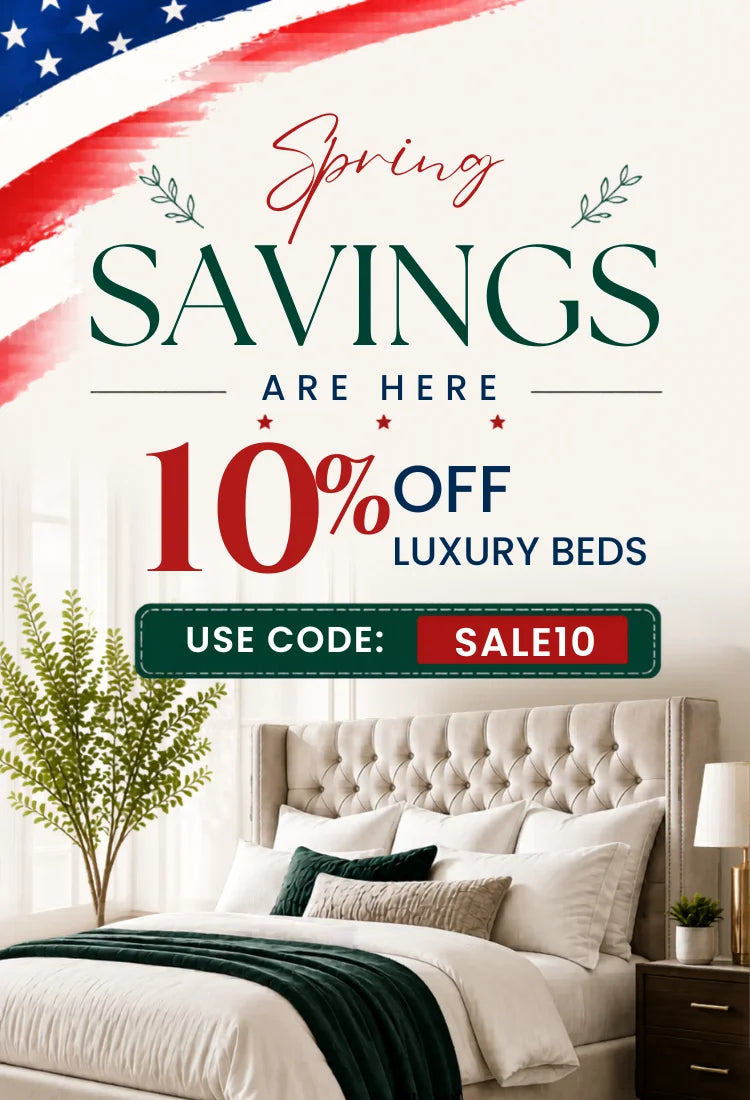 Advertisement for spring savings on luxury beds with a bedroom scene and American flag.